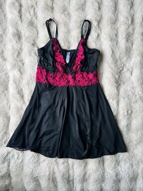 Coquette Babydoll Asymmetrical Black Skirt with Fuchsia Floral Lace One Size